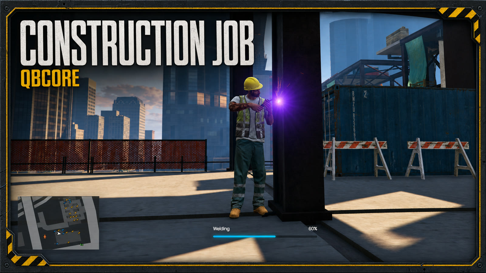 Construction Job for QBCore showing a worker welding at a construction site